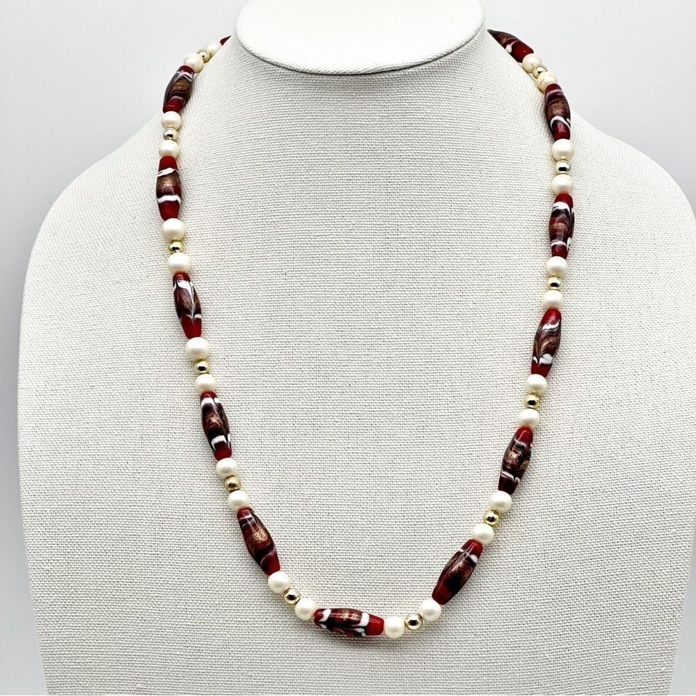 Vintage Faux Ivory Pearl Red Sparkle Tubular Bead Gold Tone Long Necklace 25.5”